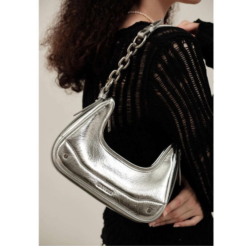 charming moon chain leather hobo shoulder bag silver for women model look